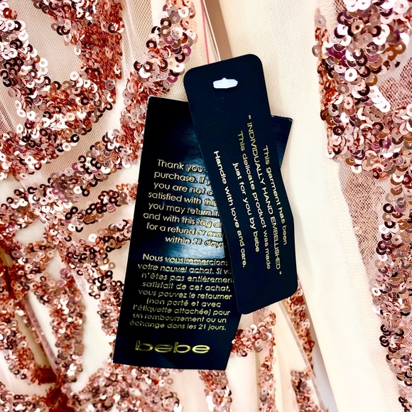 BEBE Sequin Scroll Mesh Rose Gold Bodycon Structured Dress Size M - Picture 12 of 16